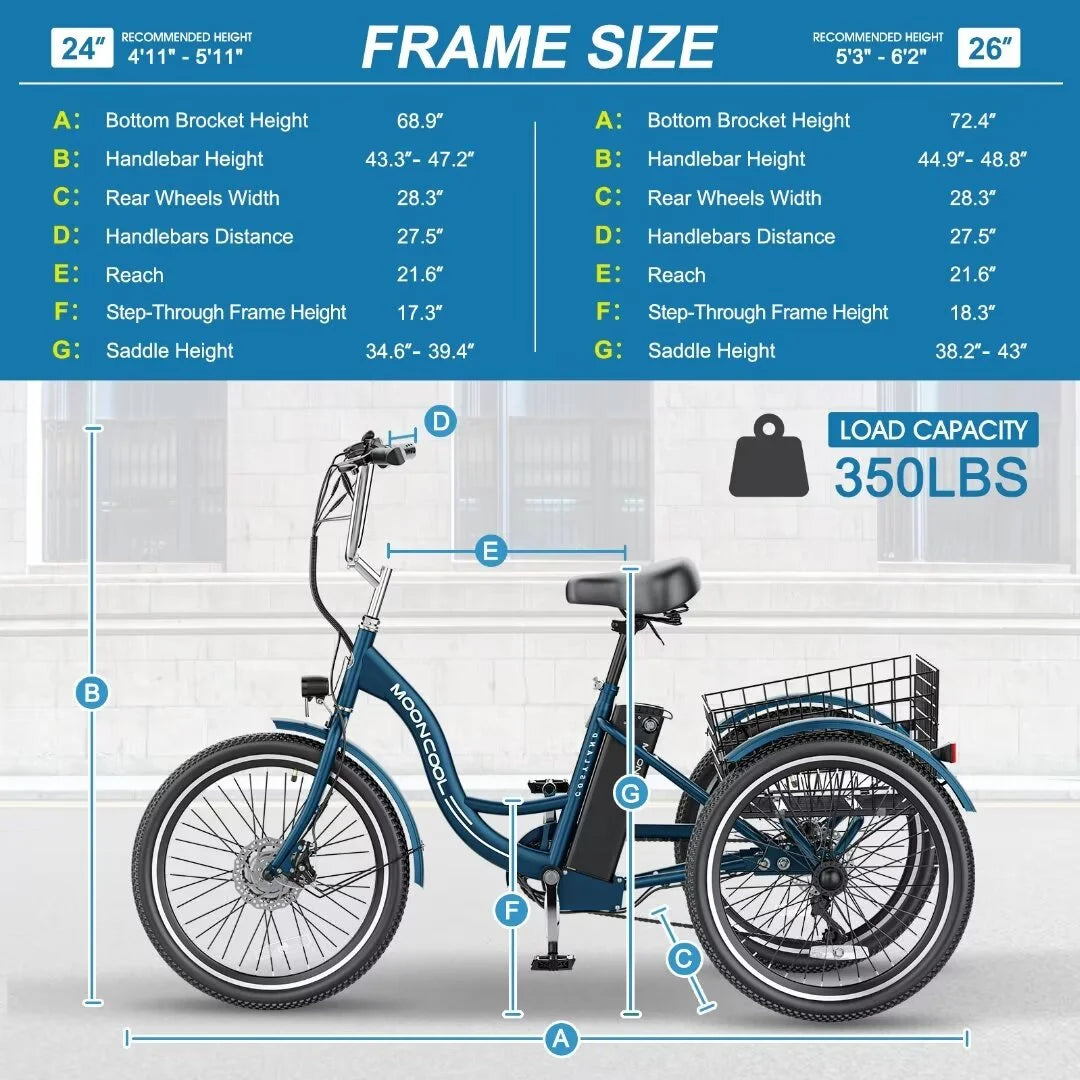 3 Wheel Electric Bike, 15.5 Mph 500W Electric Tricycles for Adult，36V 7 Speeds Electric Trike,26In